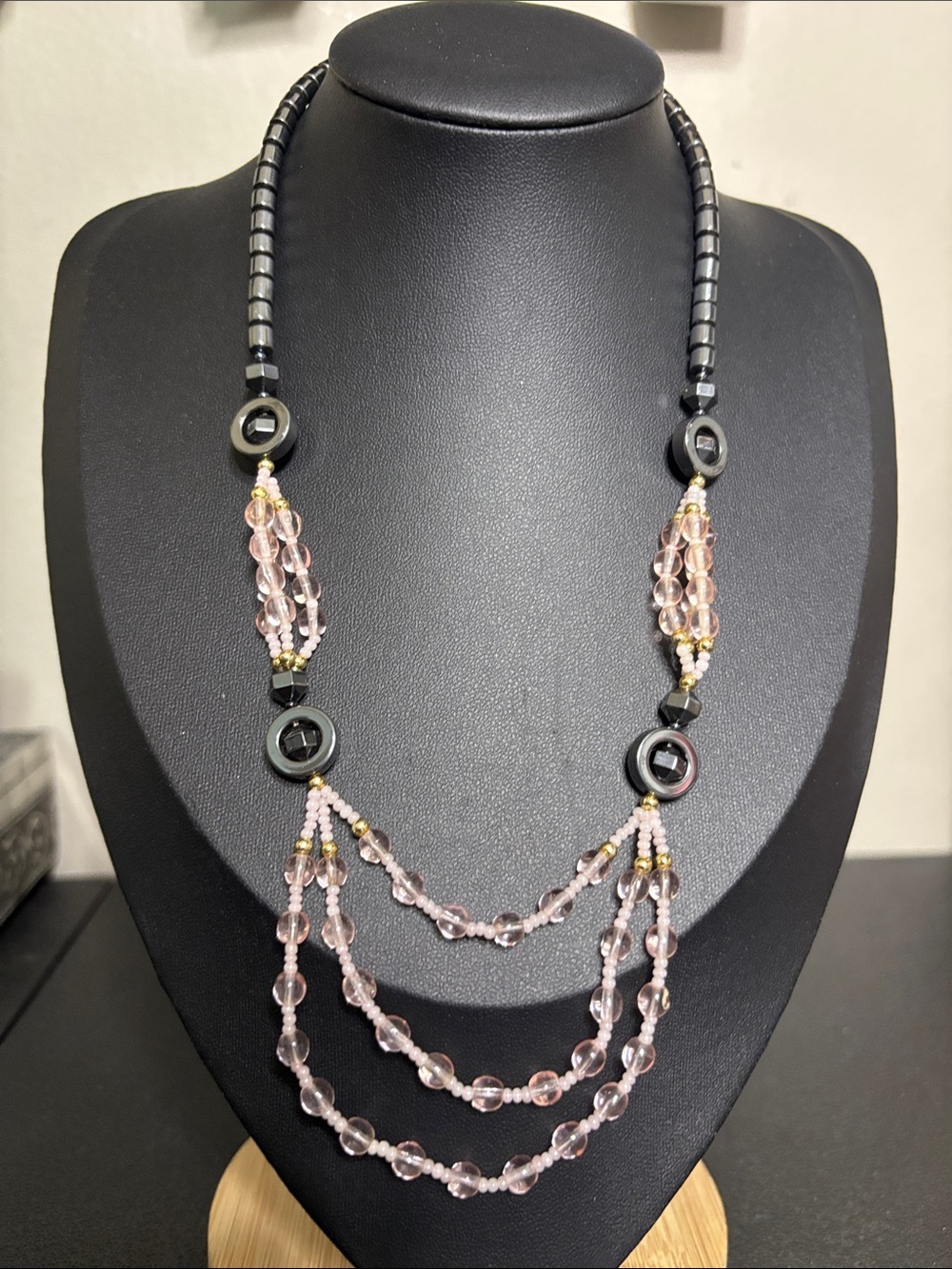 Dainty Hematite Pink Beaded Layered Romantic Necklace Jewelry